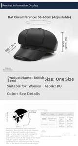 Size guide for women's black PU leather newsboy hat showing measurements and size chart
