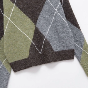 Classic argyle knit sweater in brown and moss green with ribbed hem detail