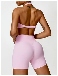 Ensemble soutien-gorge de yoga dos nu et short taille haute rose avec couture en V