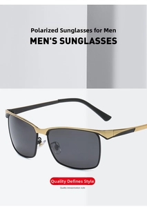Close-up of polarized men's sunglasses with black frame and gold metal nose bridge detail