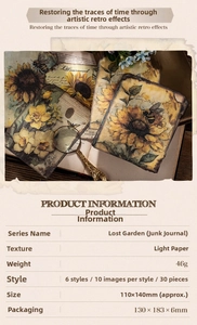 Detailed spec sheet for vintage Junk Journal paper featuring size and texture details