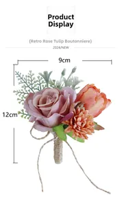 Detailed view of artificial wedding corsage with mauve rose and jute twine tassel
