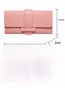 Detailed size and dimension chart for the pink long PU leather trifold wallet for women
