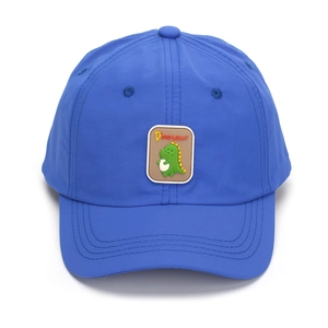 Detail of blue toddler baseball cap with a green cartoon dinosaur rubber patch