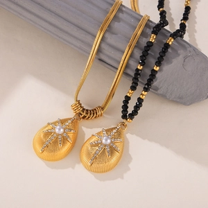 Stainless Steel Pendant Necklace Star Rhinestone Imitation Artificial Pearl Teardrop Shell Texture Gold Plated Women Jewelry