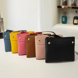 Mini Coin Purse PU Leather Litchi Pattern Small Wallet With Wristlet Strap Golden Rivets Simple Chic Pouch For Women