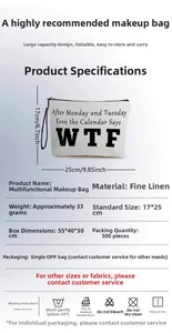 Vue détaillée de la trousse en lin de 17x25cm avec les icônes d'entretien du tissu