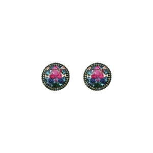 Vintage round clip-on earrings with colorful rhinestones and pink center gemstone