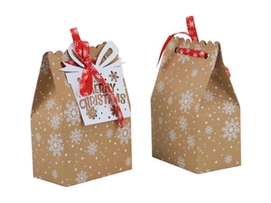 Christmas Kraft paper gift bag with red ribbon and Merry Christmas hollow tag