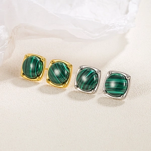 S925 sterling silver square stud earrings with natural green malachite in gold and silver