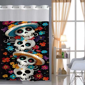 Duschvorhang Und Matte Badezimmer Wasserdicht Polyester Halloween Geist Totenkopf Blumenmuster Ringe Beschwerter Saum