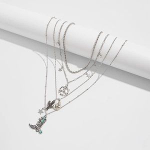 5-layer silver Western necklace set with cactus, cowboy hat, and turquoise boot pendants