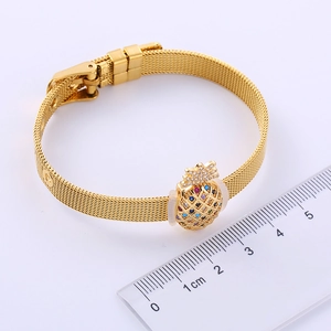 Gold mesh watch band bracelet with pineapple pendant and scale ruler size guide