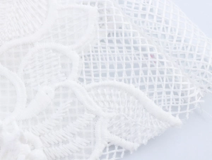 Close-up of white lace fabric with intricate floral embroidery and mesh texture