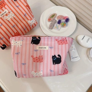 Trousses de maquillage mignonnes en toile à rayures avec motifs chats