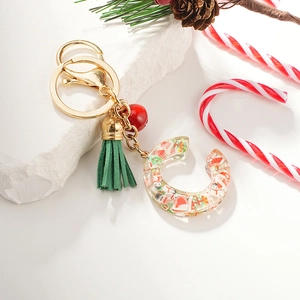 Christmas alphabet C resin keychain with glitter snowman and green tassel charm
