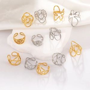 Set of 12 French vintage irregular geometric stainless steel rings in gold and silver