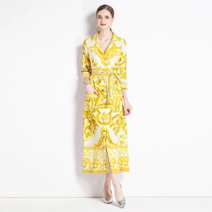 Elegant yellow and white baroque print shirt dress with tie belt and mid-length sleeves