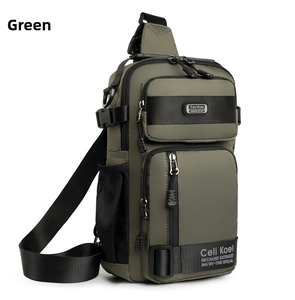 Detail view of military green crossbody bag featuring water-resistant oxford fabric