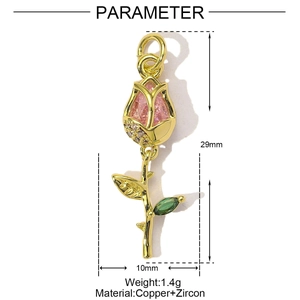 Detailed view of rose flower pendant with pink zircon and 29mm height measurement