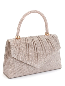 Sparkly glitter evening clutch bag detail, elegant pleated flap and top handle design.