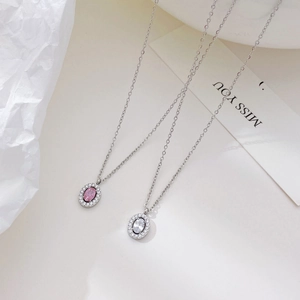 Elegant halo pendant necklace with oval zircon and silver chain for women