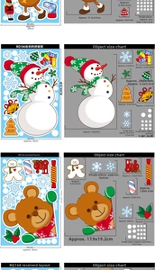 Size chart for Christmas window stickers featuring snowman and gingerbread man layout details