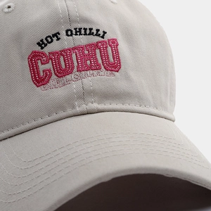 Macro detail of the embroidered HOT CHILLI CUHU logo on a cotton baseball cap