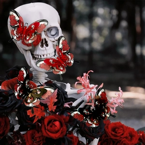Detail of gothic 3D butterfly stickers with skull and red roses for Halloween decor