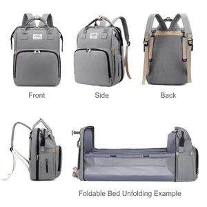 Multifunctional grey diaper backpack with integrated foldable baby bed feature
