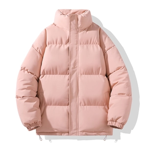 Minimalist pink stand collar puffer jacket with horizontal quilting and drawstring hem