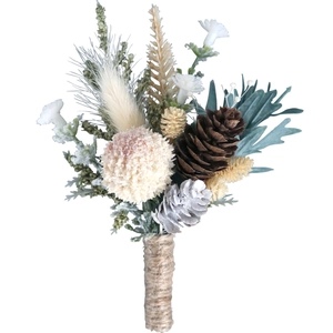 Rustic dried flower boutonniere with pine cones and twine for wedding groom