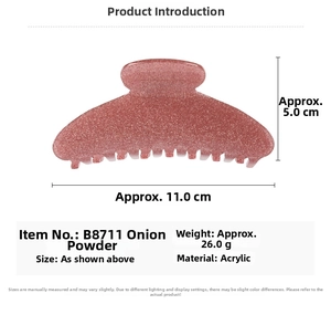 Detail view of pink glitter acrylic hair claw clip with size measurements 11cm by 5cm