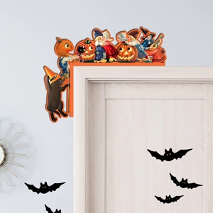 L-shaped wooden Halloween door corner sign with vintage black cat and pumpkin illustrations