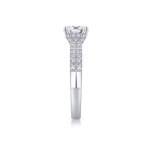 Macro side view of 1-carat round diamond ring with S925 silver pave setting details