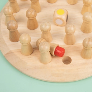 Wooden memory chess board game for kids with colorful pieces and a dice for memory training