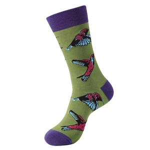 Detail of olive green mid-calf socks with purple trim and colorful hummingbird patterns