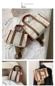 Detailed views of canvas tote bags with brown leather trim and detachable shoulder straps