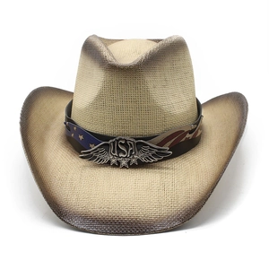Chapeau de paille western avec boucle USA, ailes d'aigle et ruban étoiles et rayures