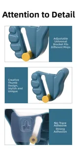 Detailed views of thumb-shaped mop holder featuring adjustable grip and adhesive backing