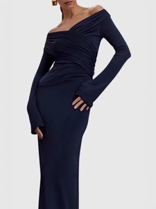 Elegant navy off-shoulder long sleeve ruched evening dress with a slim fit silhouette