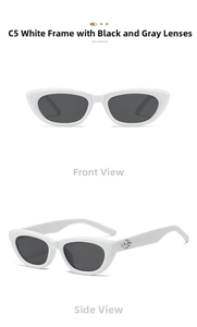 Detailansicht der weißen Cat-Eye-Sonnenbrille mit grauen Gläsern in Front- und Seitenansicht