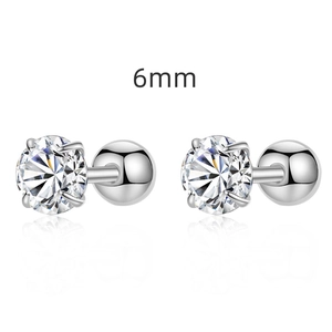 Classic 6mm S925 sterling silver stud earrings with round cubic zirconia on white background