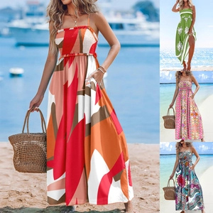 Women Bohemian Floral Print Spaghetti Strap Backless Smocked Maxi Dress Beach Vacation Long Dress With Pockets