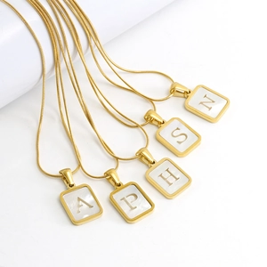 Gold plated titanium steel necklaces with square white shell initial pendants A P H S N
