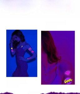 Tatouages temporaires néon UV avec éclairs roses et lèvres brillant sous lumière noire