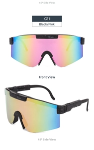Front and side view of black frame cycling sunglasses with rainbow tinted lens