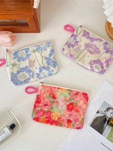 Floral mini storage pouches with zipper and pink wrist strap for lipstick and coins