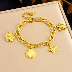 Ocean Theme Charm Bracelet Gold Plated Stainless Steel Starfish Turtle Shell Fish Marine Jewelry For Women