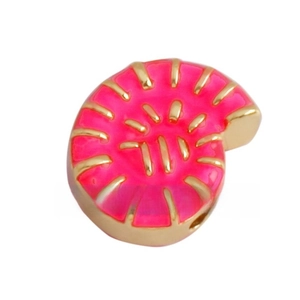 Macro view of spiral nautilus charm with fuchsia enamel and gold stripe details